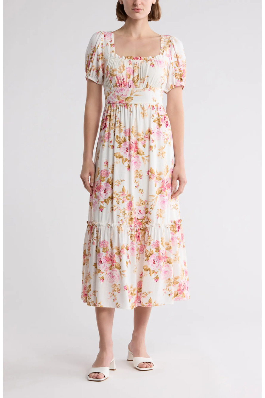 August Sky Floral Empire Waist Maxi Dress L